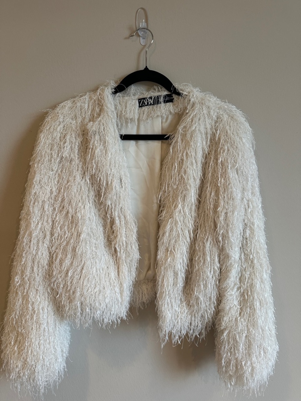 Zara Off-White Shaggy Faux-Fur Cropped Jacket
